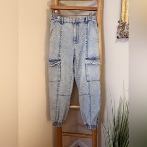 Bershka Acid Wash Denim Jogger Cargo Jeans Sz 6 Light Blue 80s 90s Vintage Style